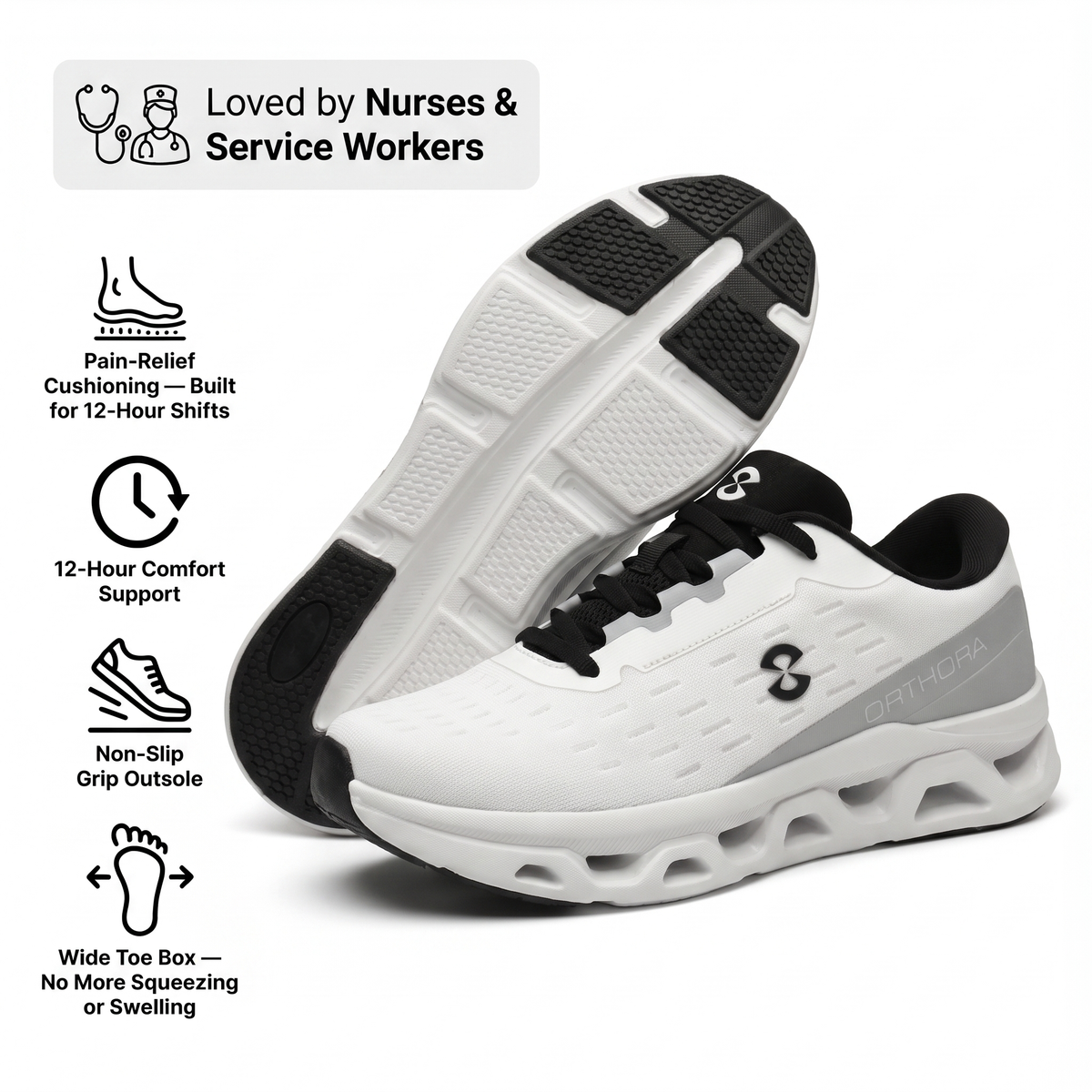 Orthora™ Fly — 12-Hour Shift Shoes for All-Day Foot, Knee & Back Pain Relief